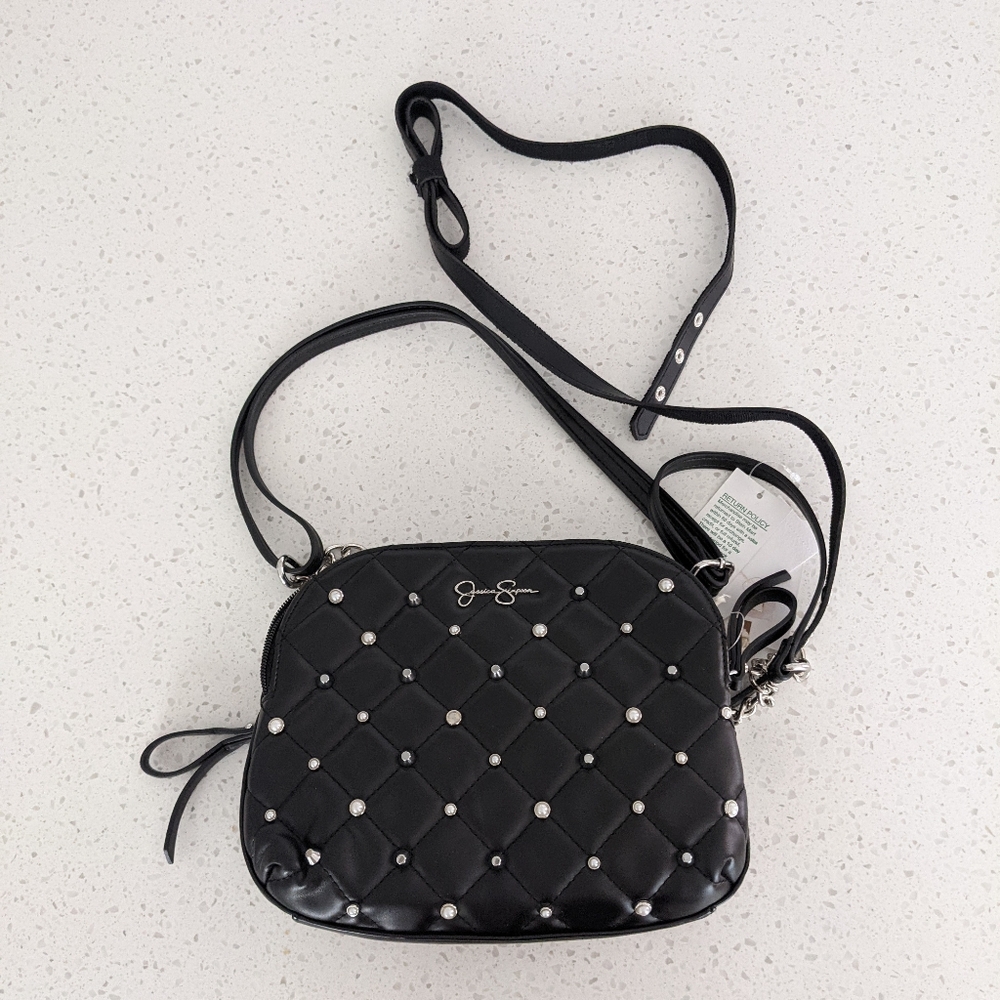 Jessica Simpson purse, color: black, silver/pearl beads/elblems, 9.5"x8"x2.5"